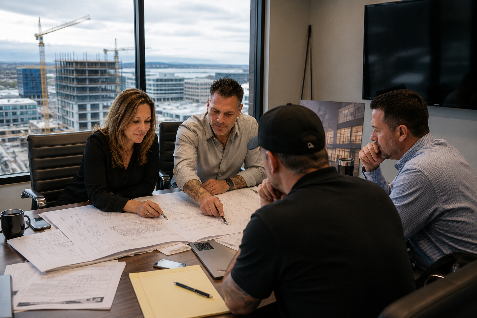 MW leadership team reviewing blueprints in a high-rise office overlooking active construction