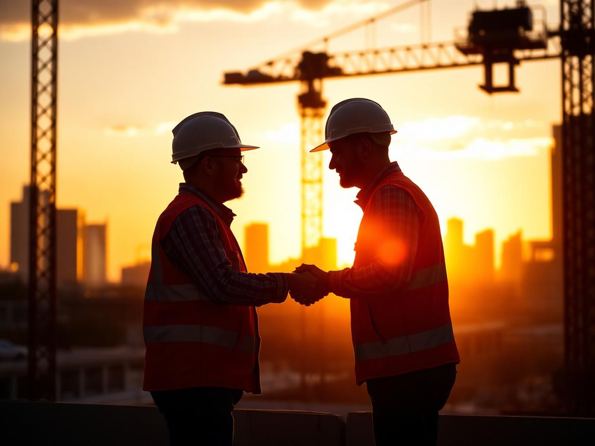 Contractors partnering at sunset